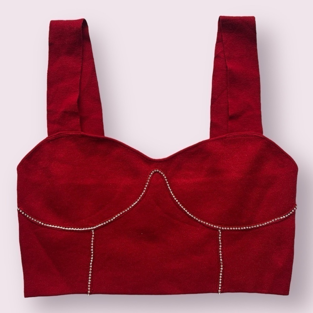 On 12th Red Rhinestone Corset Detail Crop Top Medium